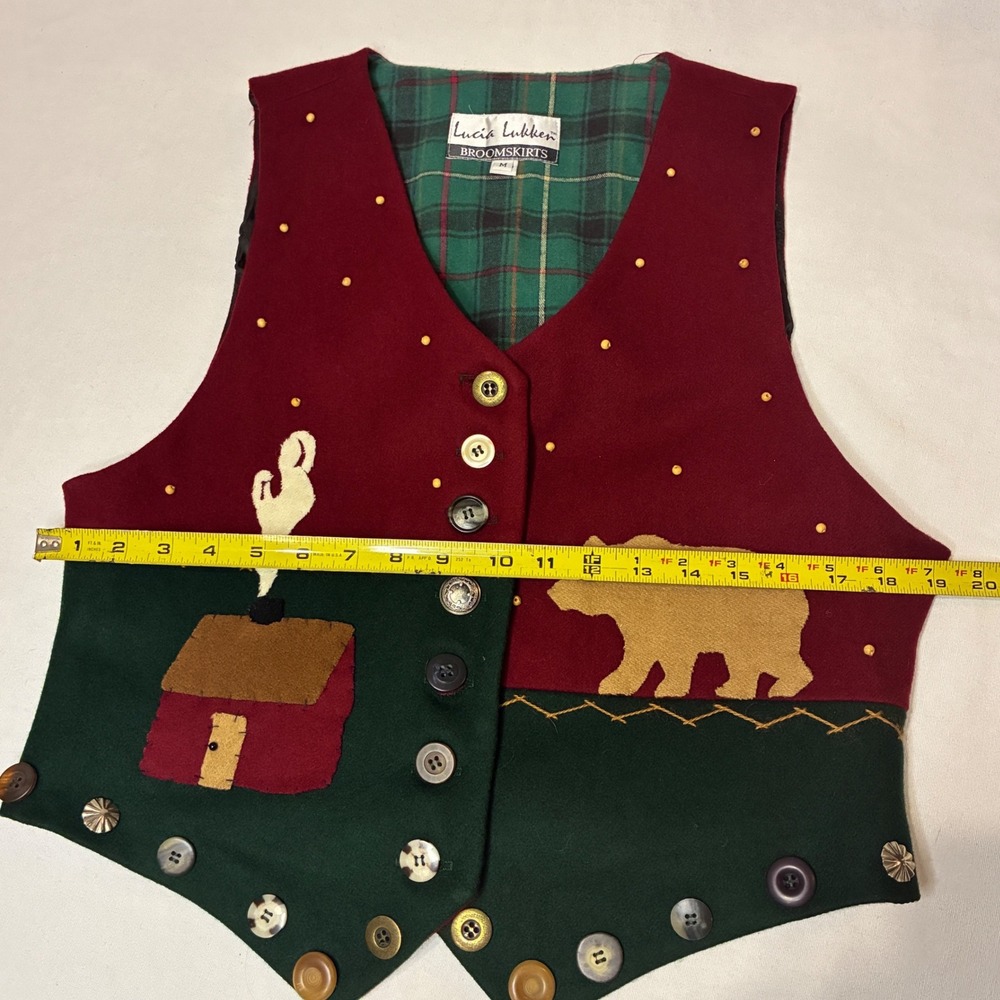 Vtg 90's Lucia Lukken‎ Folk Art Vest Womens Medium Wool Cabin Rustic Americana - Picture 3 of 8